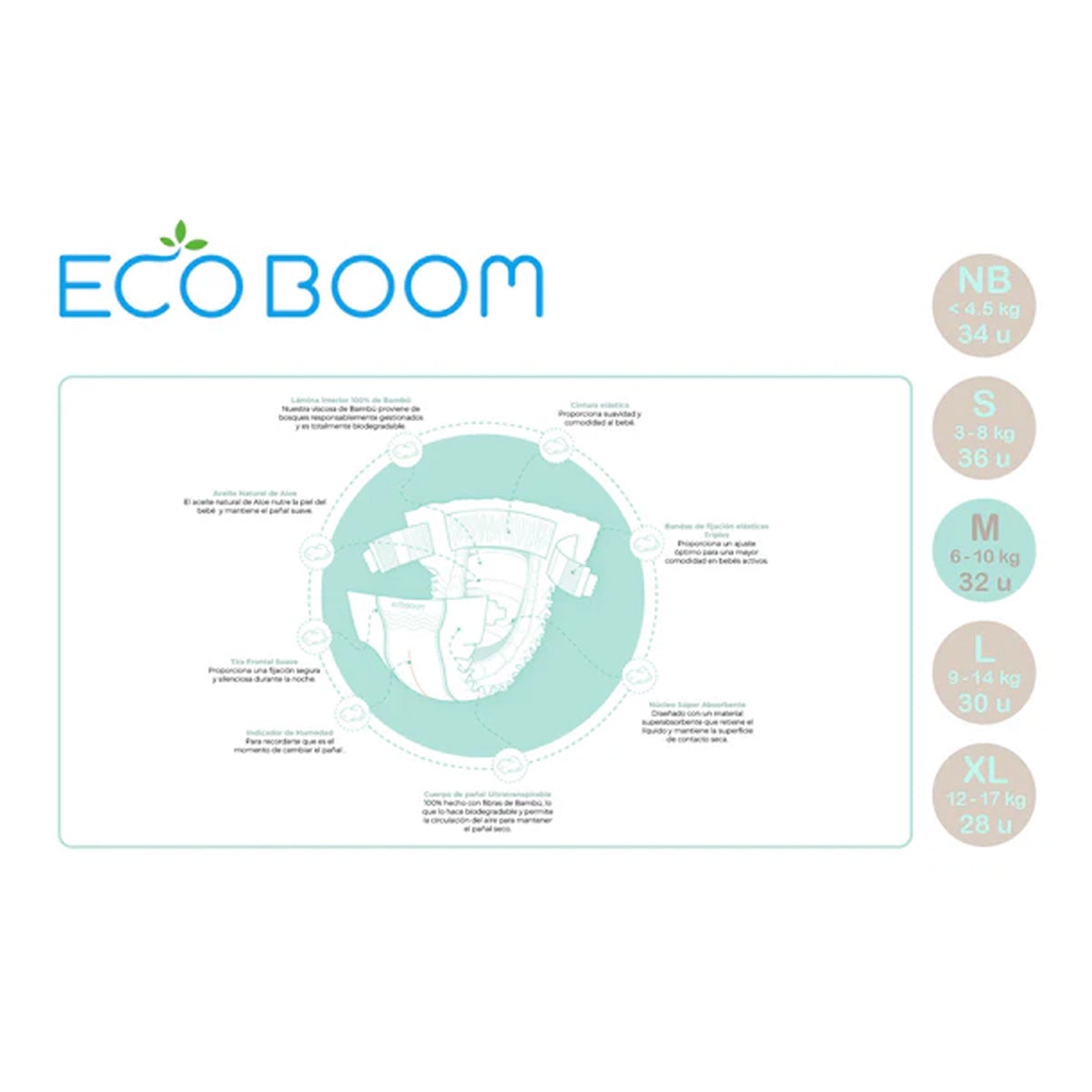 Couches en bambou Pure Premium ECO BOOM T3 (6 à 10 kg) 32 unités