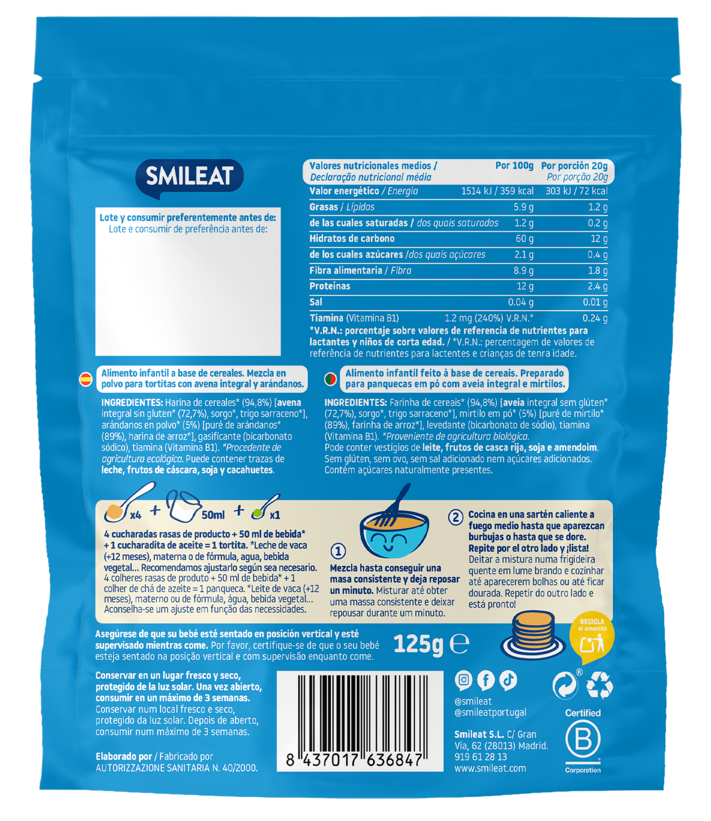 Mélange pour pancakes à l'avoine complète et aux myrtilles ECO Smileat 125 g