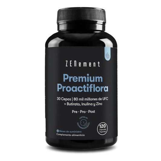 Premium Proactiflora, 30 Strains | 80 billion CFU + Butyrate, Inulin and Zinc Zenement, 120 tablets