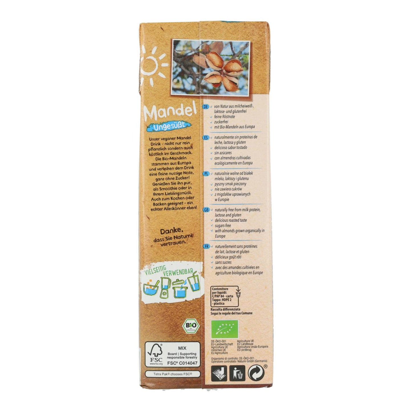 6er-Pack Bio-Mandeldrink ohne Zucker Natumi 1 l