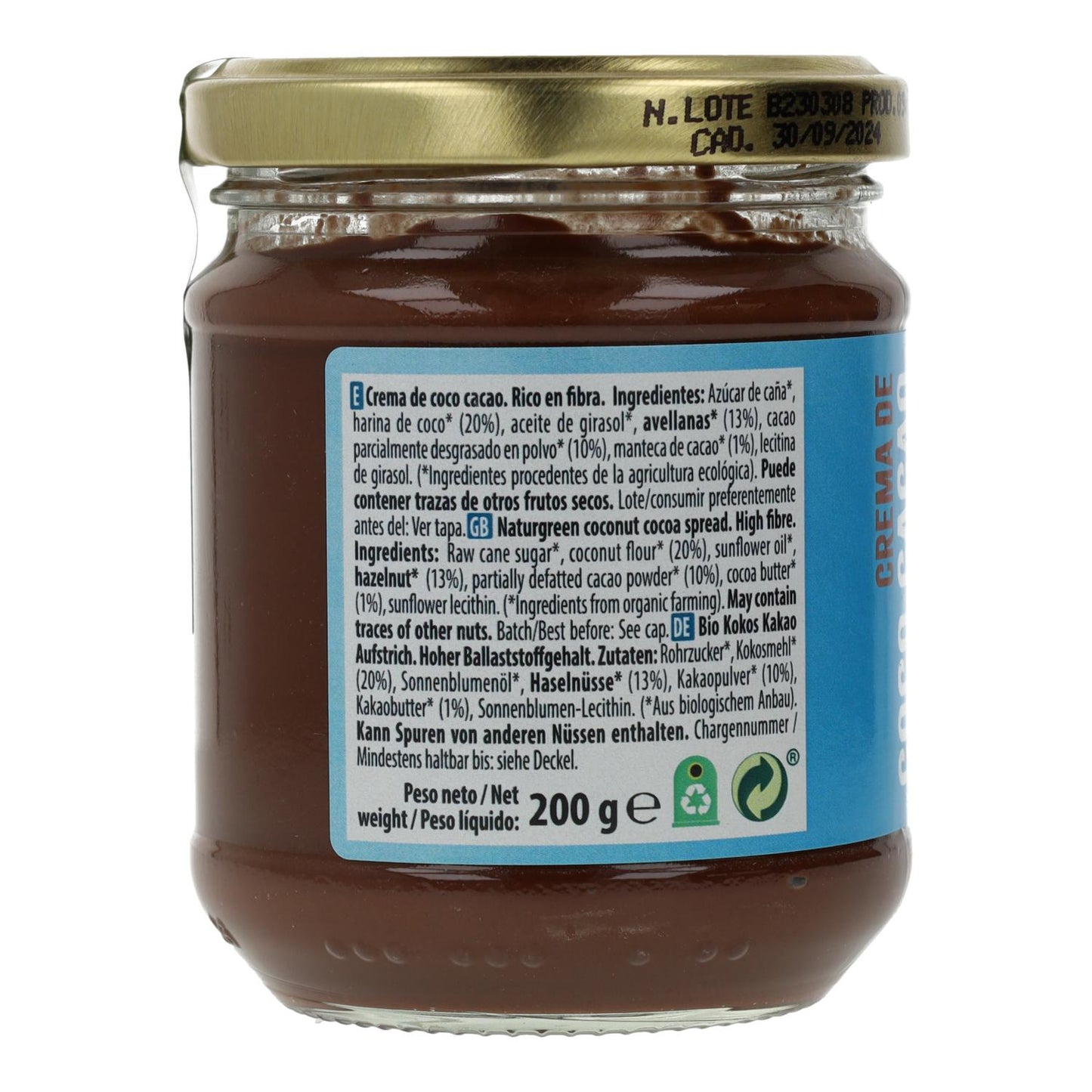 Smeerbare kokos- en cacaocrème Naturgreen 200 g