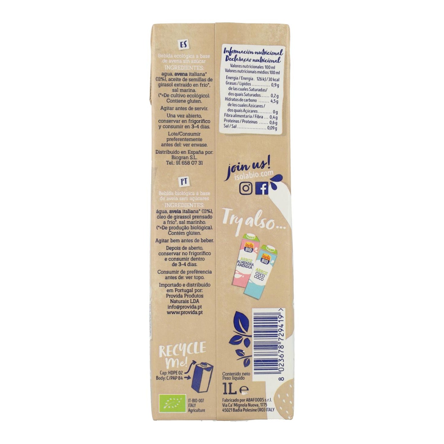 Havredryck 0 % socker BIO, 1 l. Isola Bio