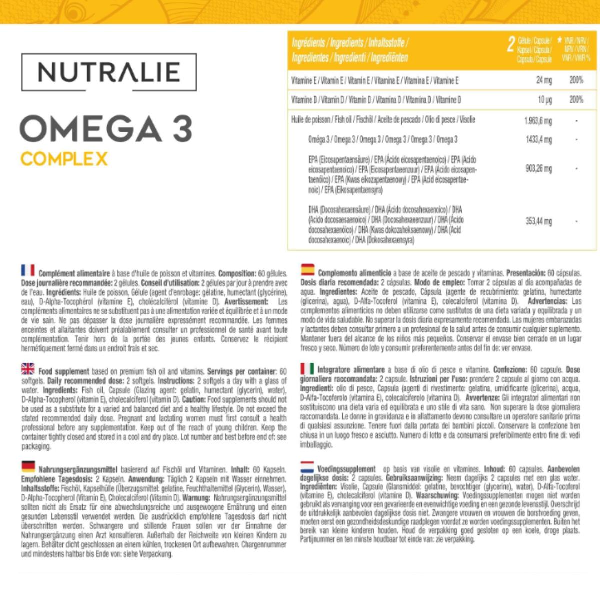 Complexe oméga 3 2000 mg + vitamine E et D3 DHA EPA Nutralie 60 gélules