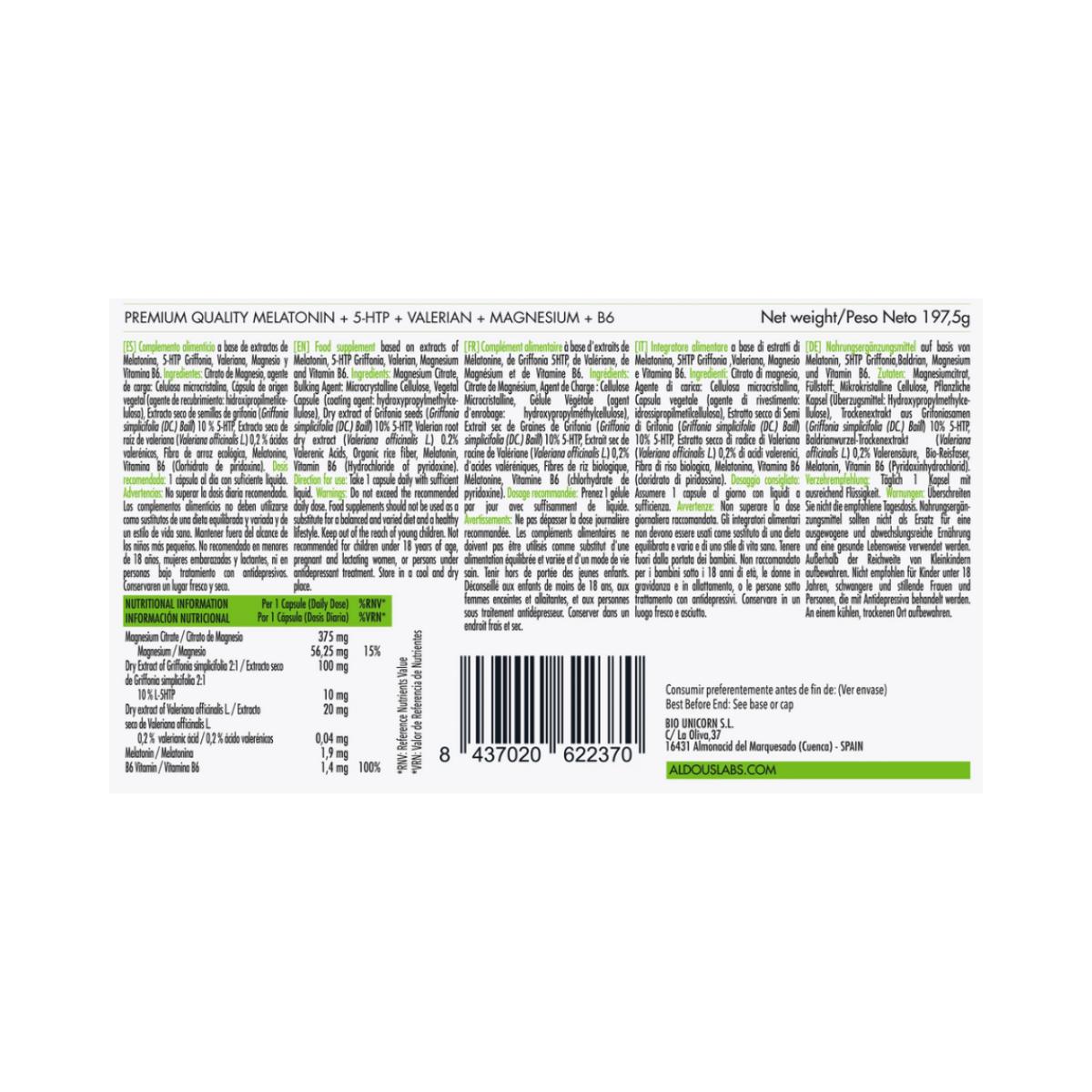 Melatonin mit Magnesium, 5-HTP, Baldrian und Vitamin B6, 250 Kapseln. Aldous Labs