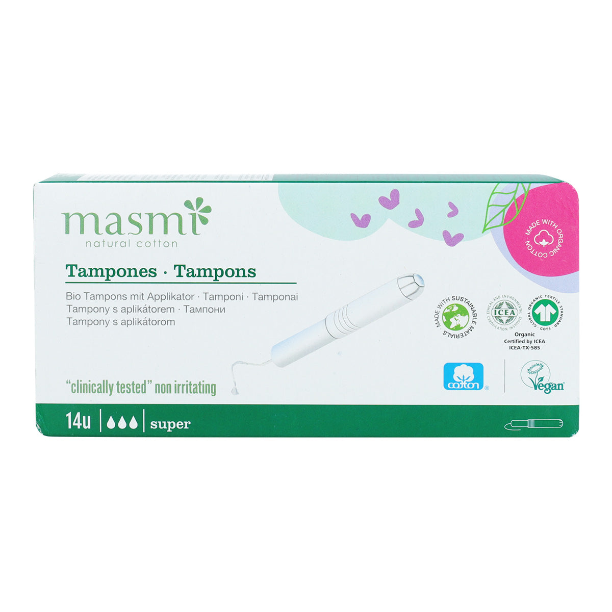 Super-Tampon mit Applikator aus Baumwolle ECO Masmi, 14 Stück