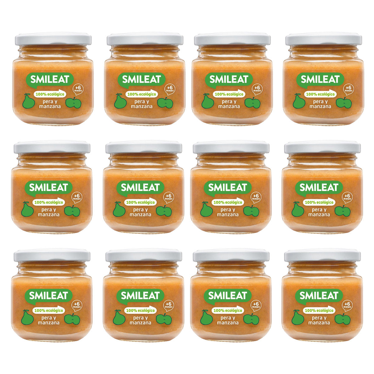 Zestaw 12 słoiczków BIO z gruszką i jabłkiem +6 miesięcy Smileat, 130 g
