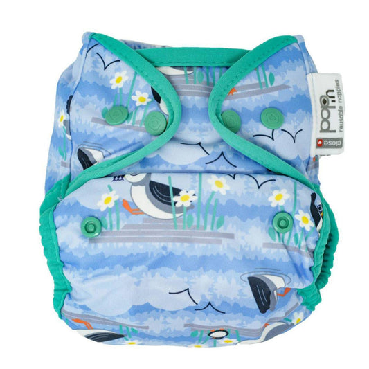 Blue Puffin Close Pop-In Bamboo Cloth Nappy with Press Studs