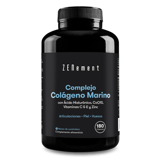Complejo de colágeno marino con ácido hialurónico, CoQ10, vitaminas C & E y Zinc Zenement, 180 comprimidos