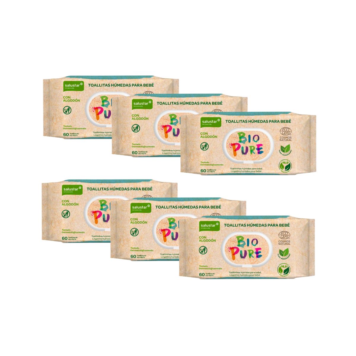 6er-Pack biologisch abbaubare Feuchttücher für Babys Biopure Salustar 60 Stück