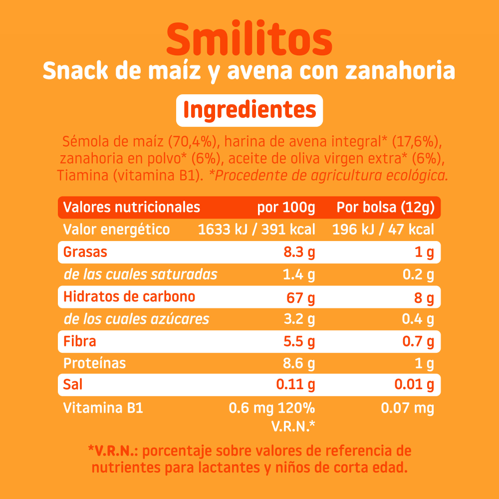 Smilito Corn, Oats and Carrot Multipack ECO Smileat 4 x 12 g sachets.