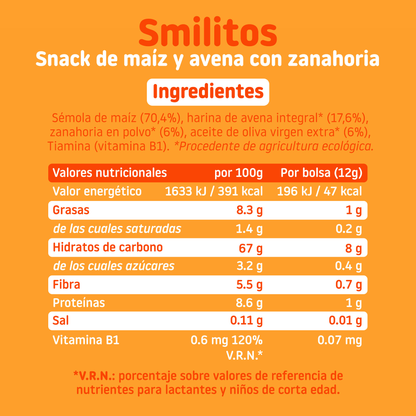 Smilito Corn, Oats and Carrot Multipack ECO Smileat 4 x 12 g sachets.