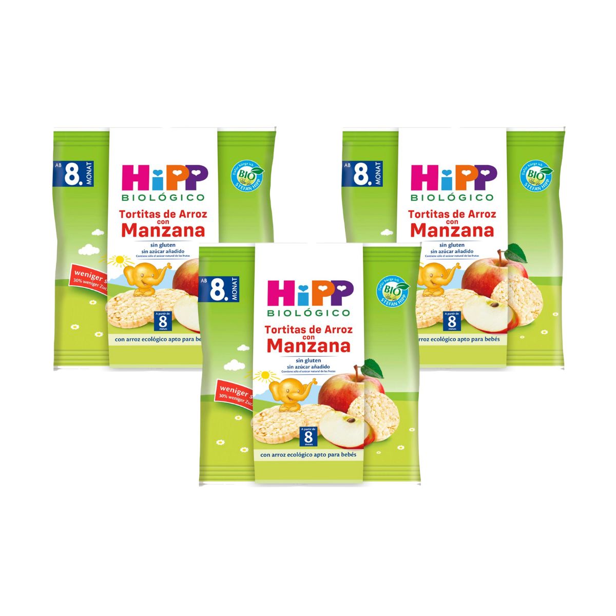 3-pack glutenfria ekologiska risbollar med äpple för barn över 8 månader HiPP 30 g