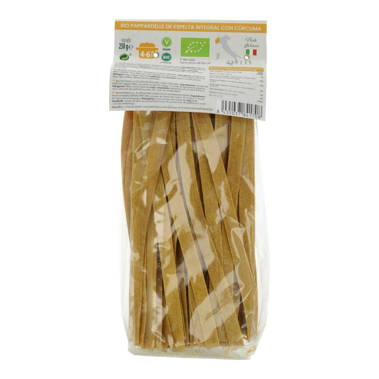 Bio-Vollkorn-Dinkel-Pappardelle mit Kurkuma Sol Natural 250 g