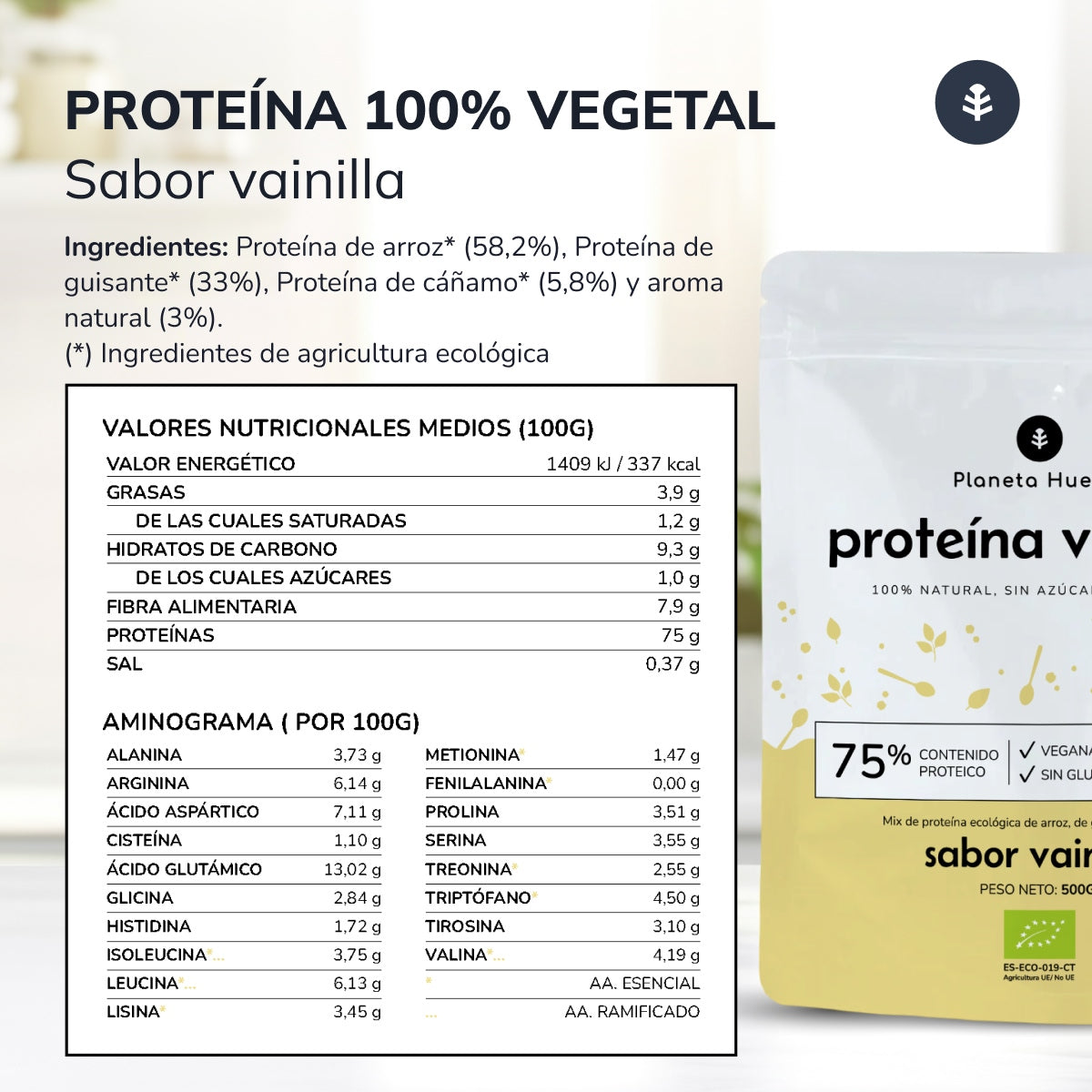 Pflanzliches Eiweiß Eco 75% Vanille Planeta Huerto 500 g
