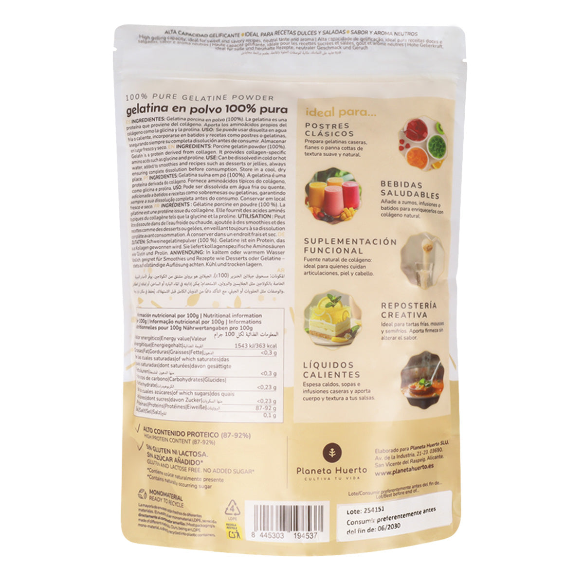 Neutrale gelatinepoeder, bron van collageen Planeta Huerto 1 kg