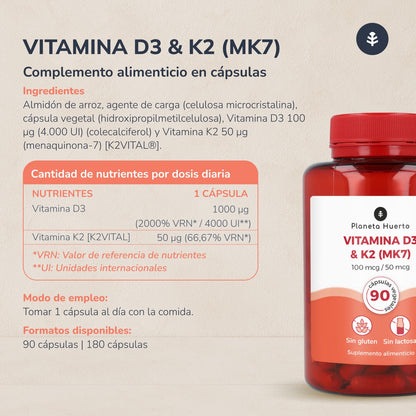 Vitamine D3 & K2 Mk7 Planeta Huerto 180 Capsules