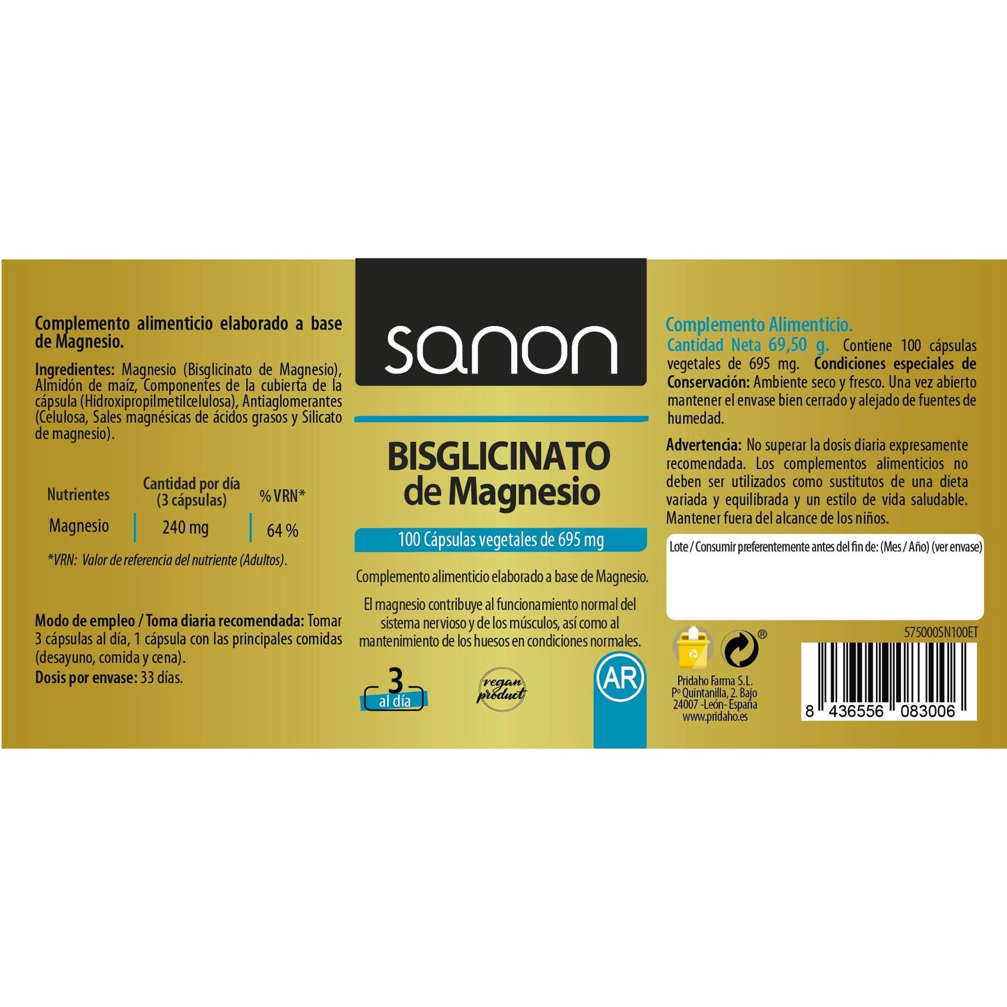 Bisglicynian magnezu SANON 100 kapsułek roślinnych 550 mg