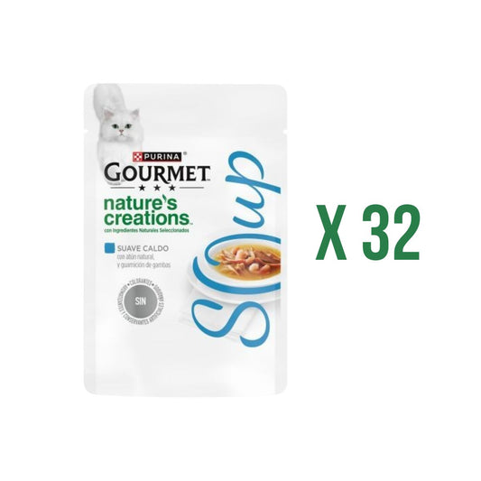 Packung mit 32 x GOURMET Nature's Creations Natürlicher Thunfischsuppe und Garnelengarnitur 40 g