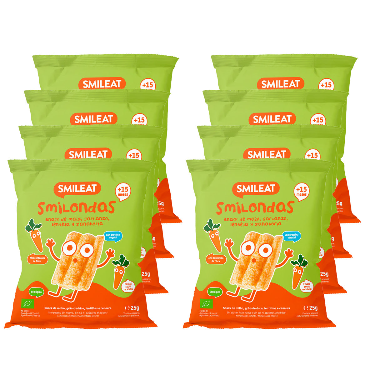 8er-Pack Smilondas Snack aus Mais, Kichererbsen, Linsen und Bio-Karotten, Smileat, 25 g