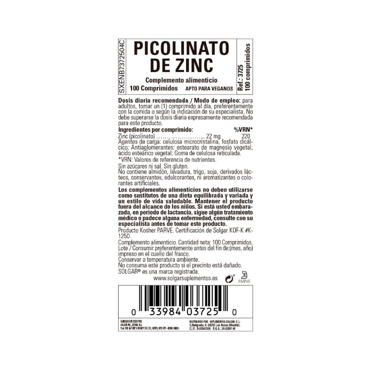Pikolinian cynku 100 tabletek po 22 mg Solgar