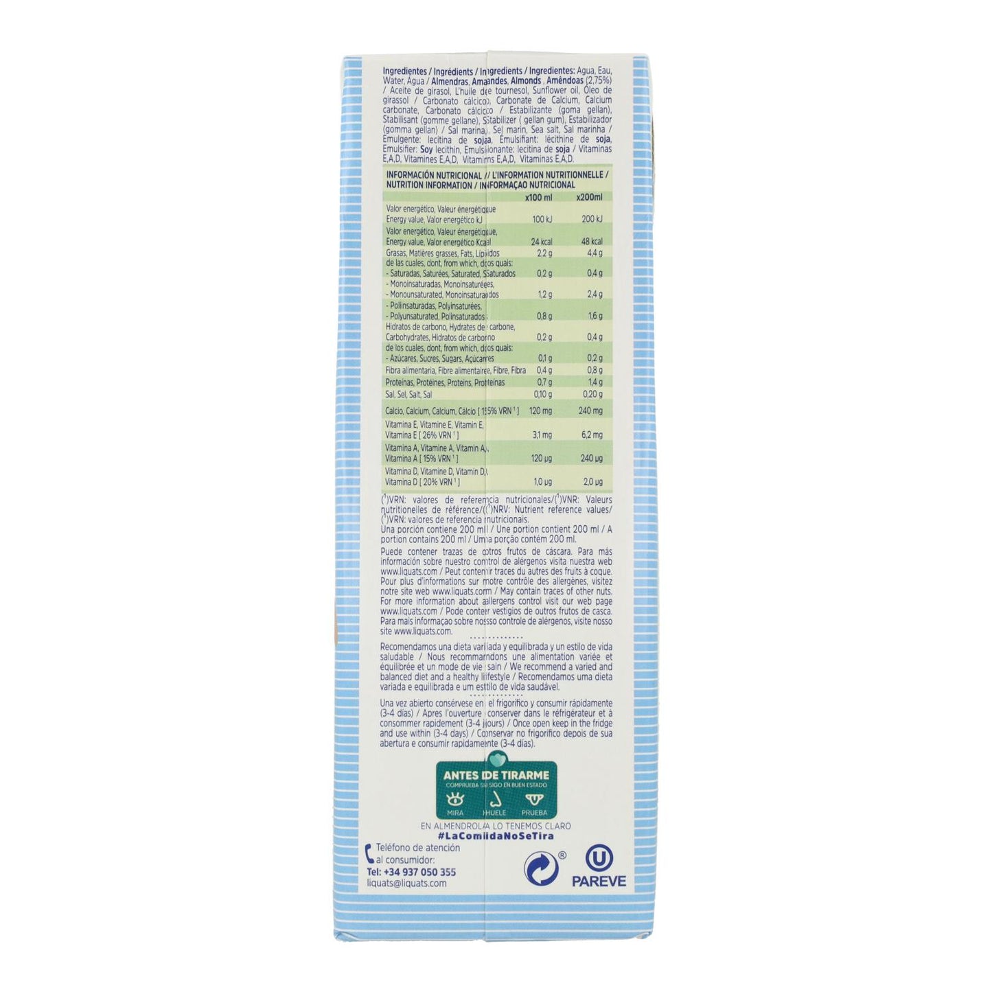 Packung mit 6 Einheiten Almendrola zuckerfreies Mandelgetränk 1 l