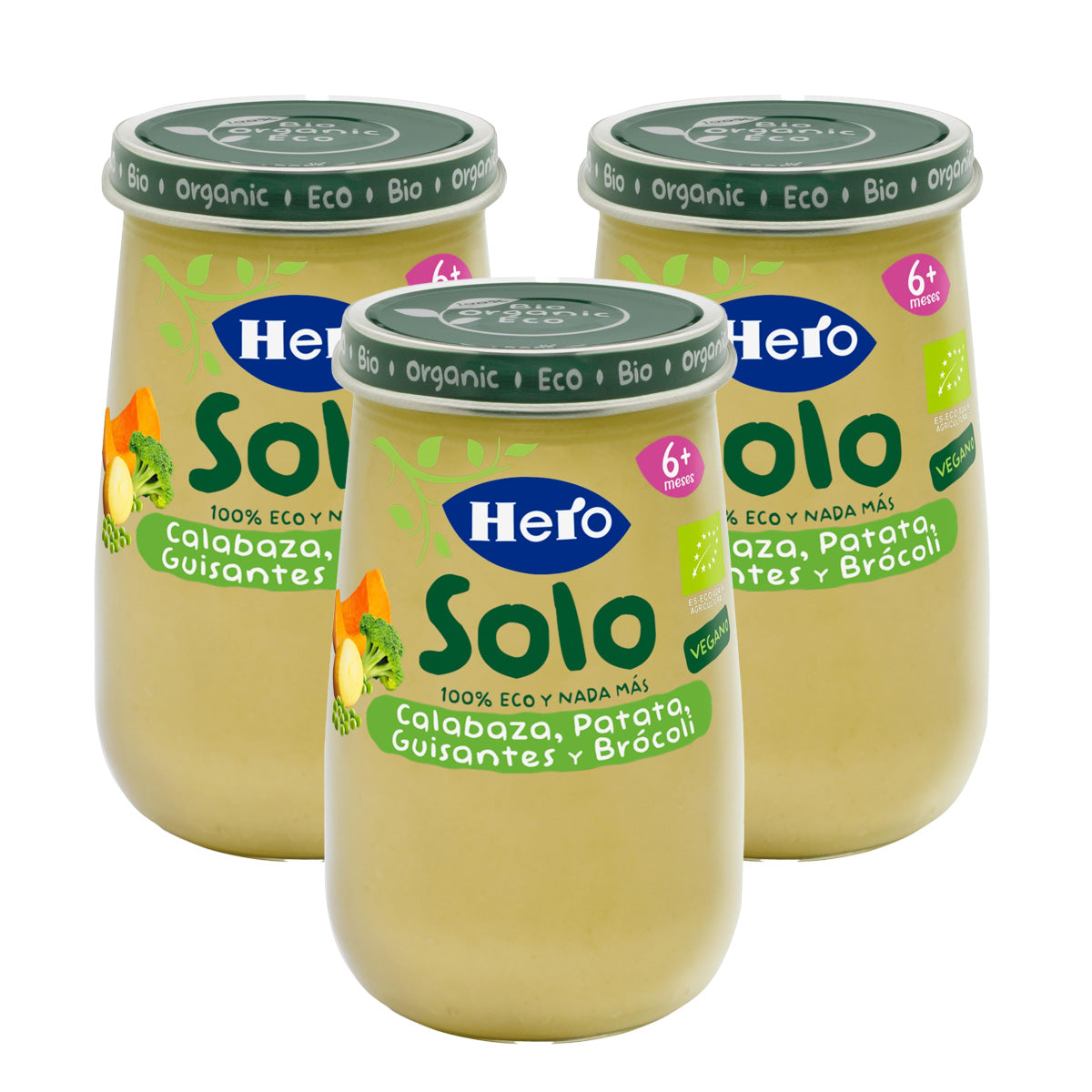 Pack de 3 petits pots de potiron, pomme de terre, petits pois et brocoli bio 190 g - Hero Solo