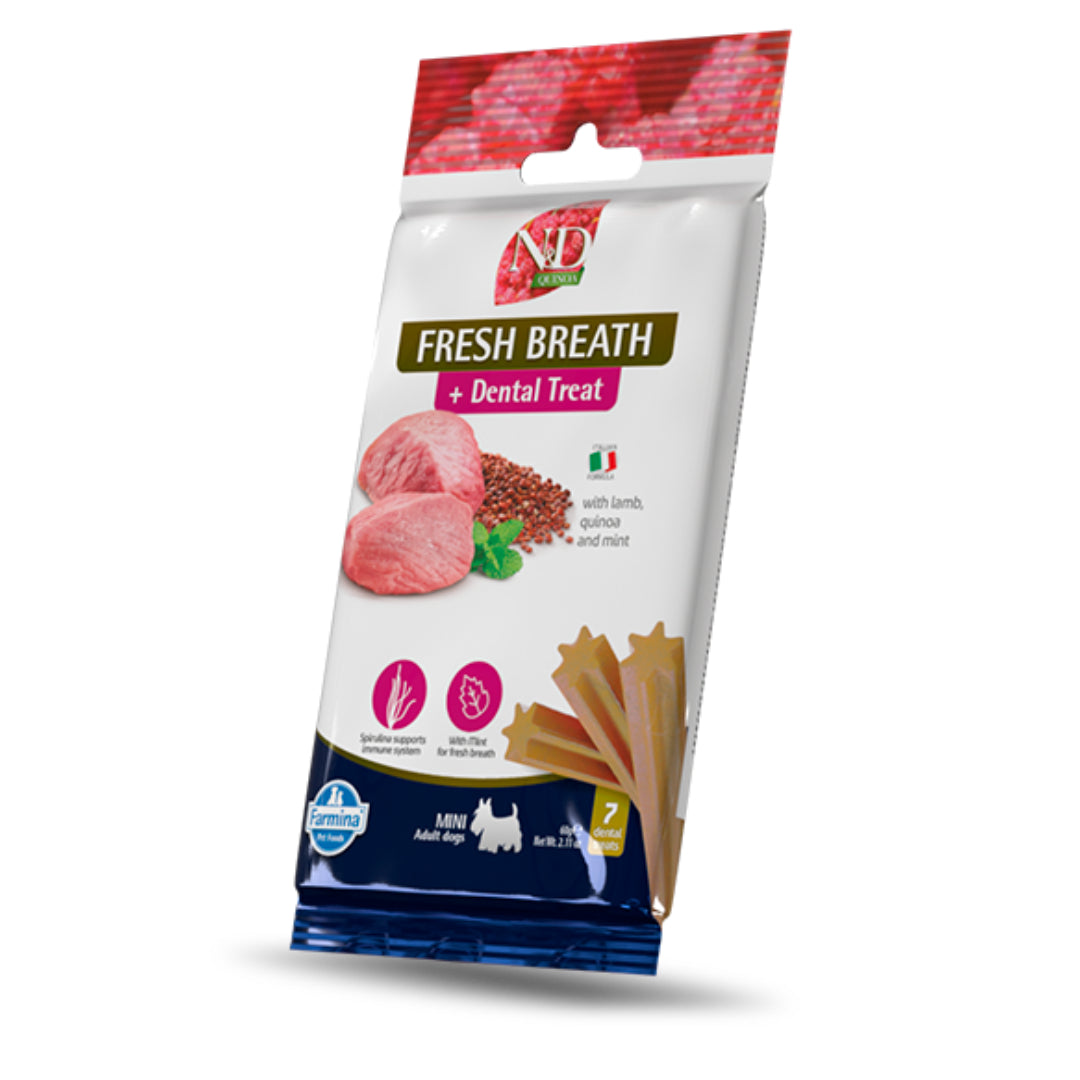 N&D Quinoa Canine Dental Treat Fresh Breath razze mini 60 g 7 ud