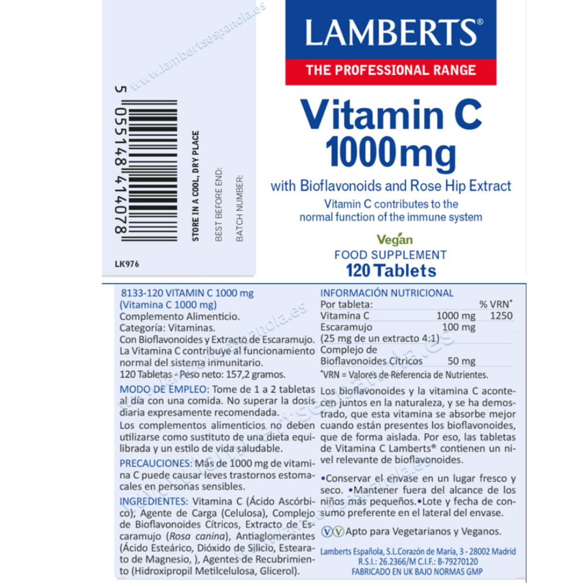 Vitamine C 1000 mg met bioflavonoïden en rozenbottel 120 tabletten Lamberts