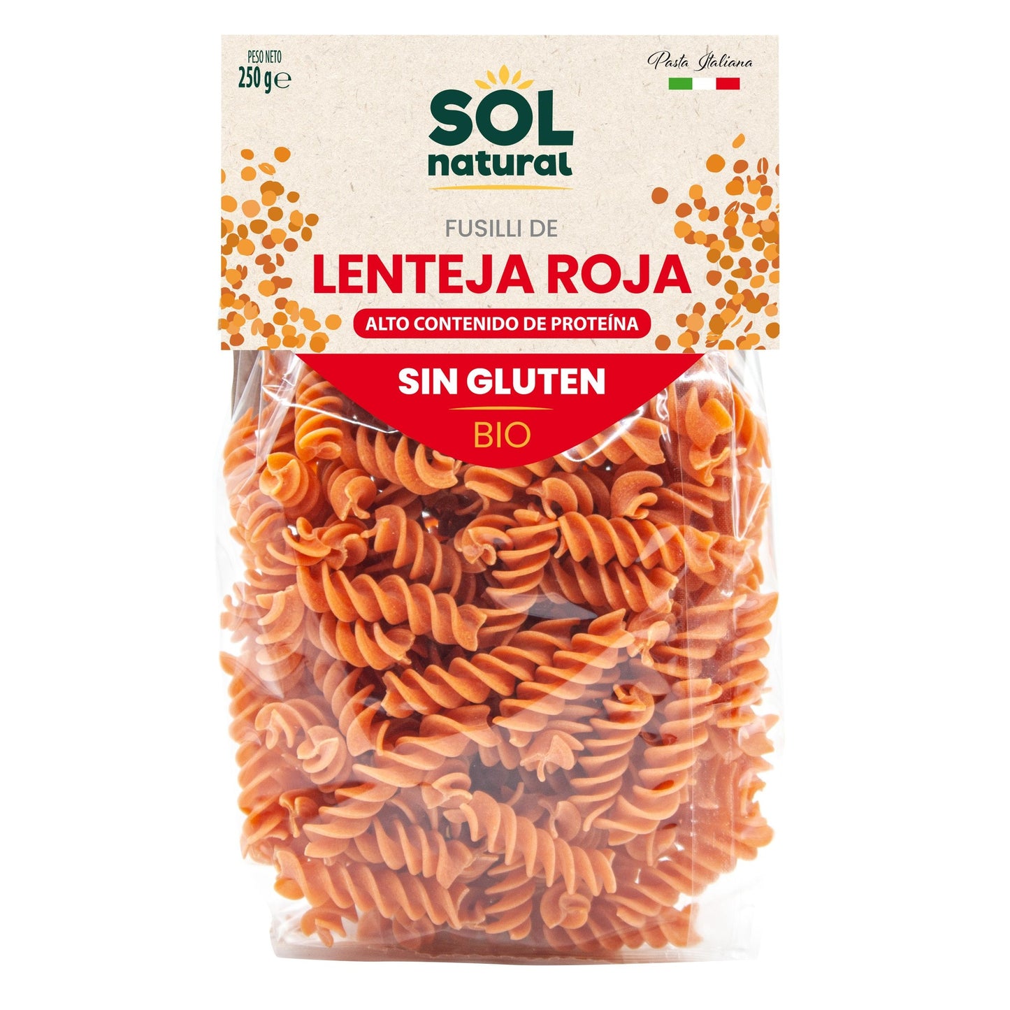 Bio-glutenfreie rote Linsen-Fusilli Sol Natural 250 g