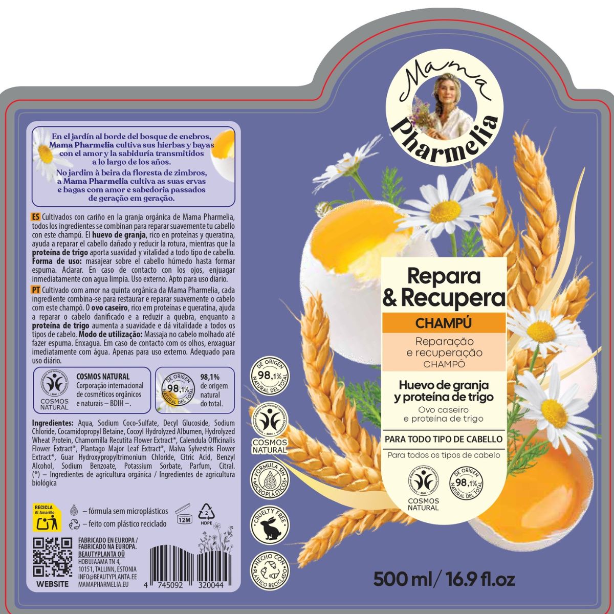 Shampoo riparatore e rigenerante con uova di fattoria e proteine del grano, Mama Pharmelia, 500 ml