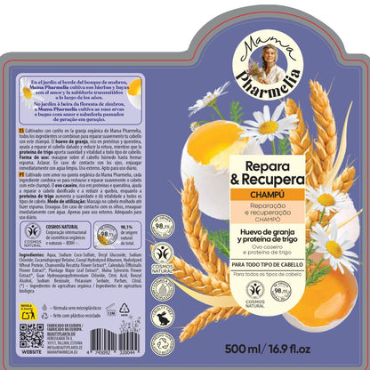 Shampoo riparatore e rigenerante con uova di fattoria e proteine del grano, Mama Pharmelia, 500 ml