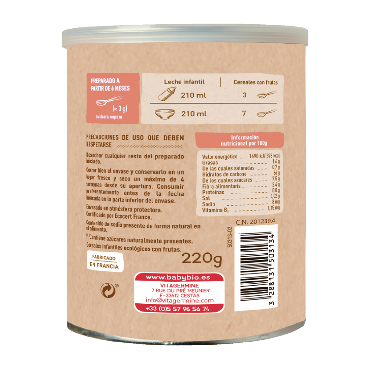 Gröt med 5 spannmål och frukt från 6 månader Babybio 220 g