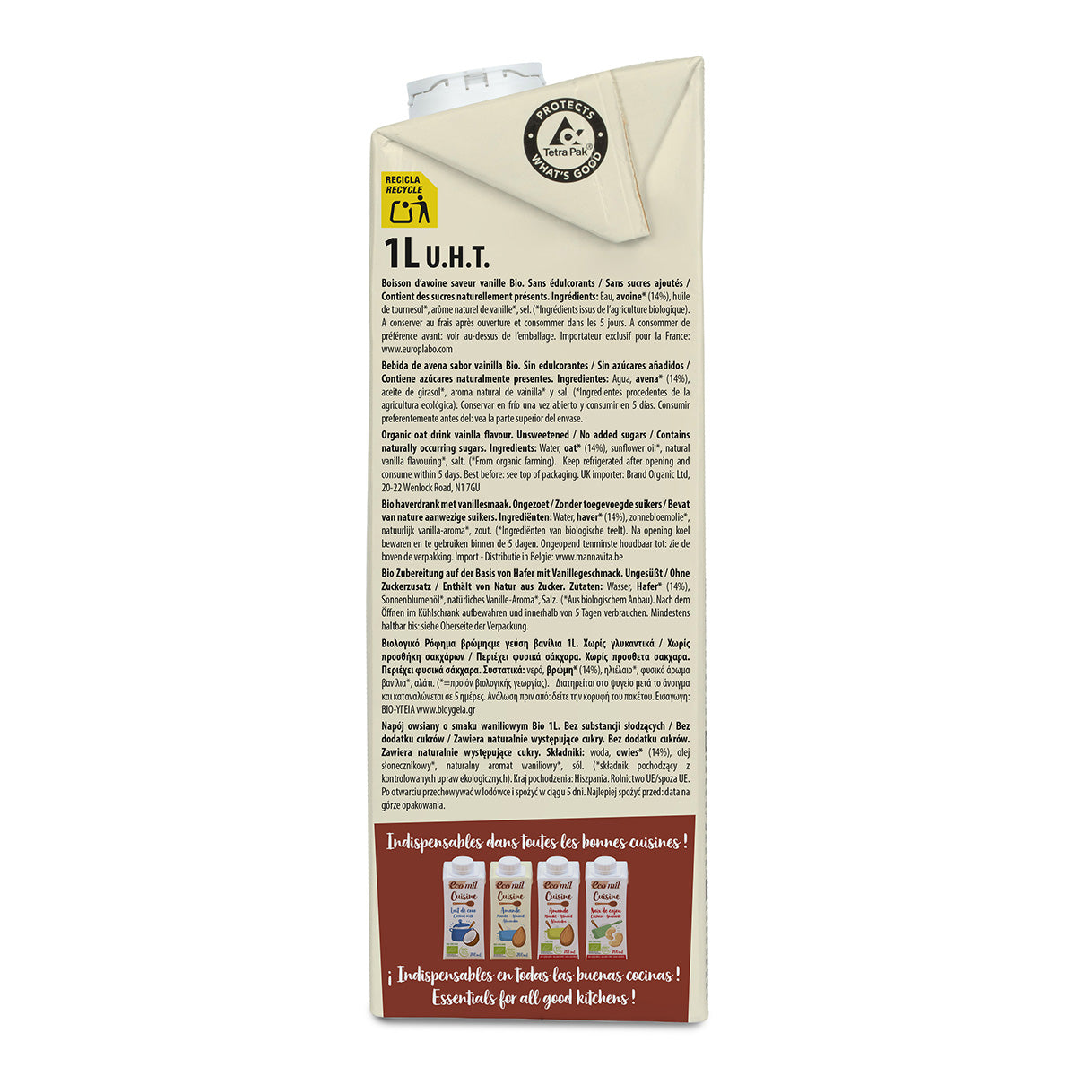 Sockerfri vaniljdryck av havre, ekologisk, Ecomil, 1 l