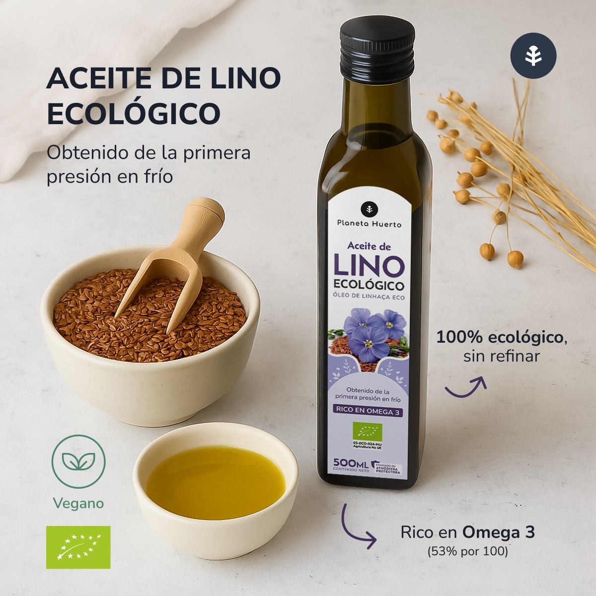 2er-Pack kaltgepresstes Leinöl ECO Planeta Huerto 500 ml
