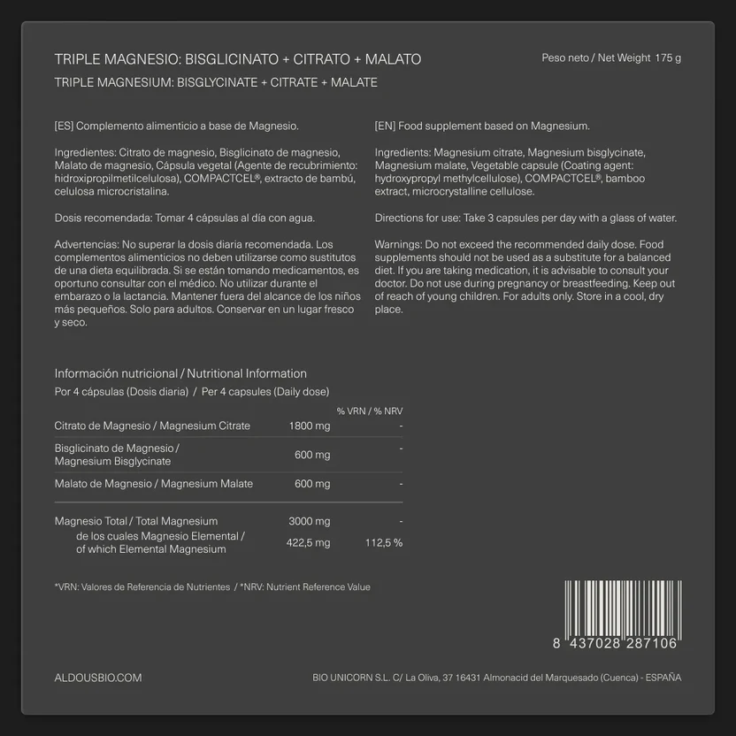 Kompleks magnezowy potrójny 3000 mg magnezu, bisglicynian magnezu, cytrynian i jabłczan Aldous Bio 200 kapsułek