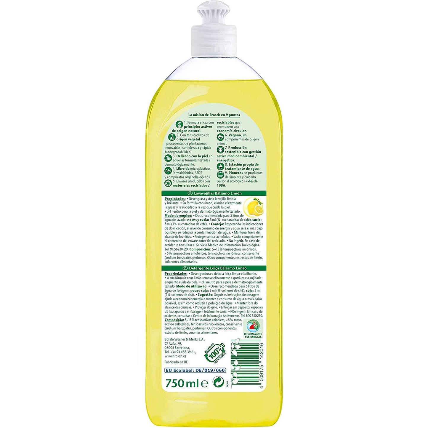 Confezione da 8 detersivi per lavastoviglie al limone Eco Frosch 750 ml
