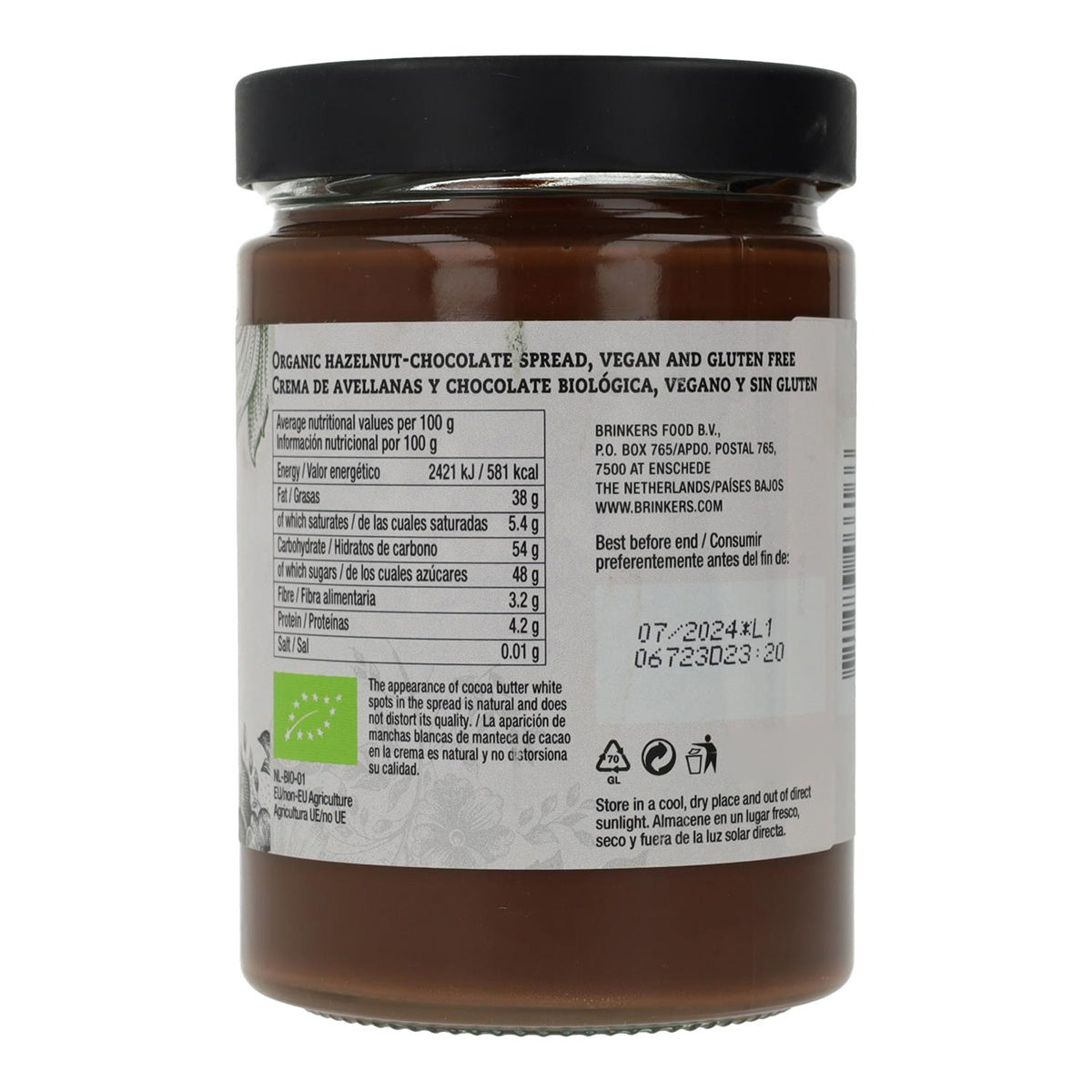 Veganistische glutenvrije chocolade- en hazelnootcrème La Vida Vegan 270 g