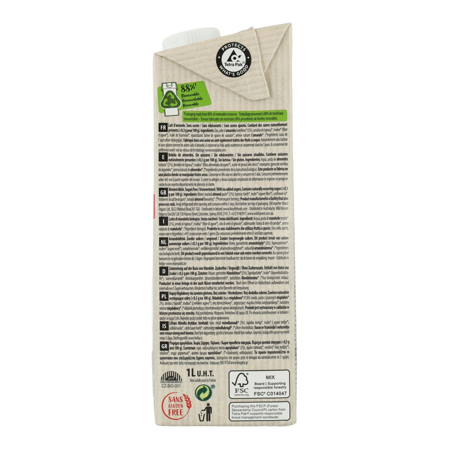 Pflanzliches Getränk Mandel Classic Nature Bio ohne Zucker Ecomil 1 l