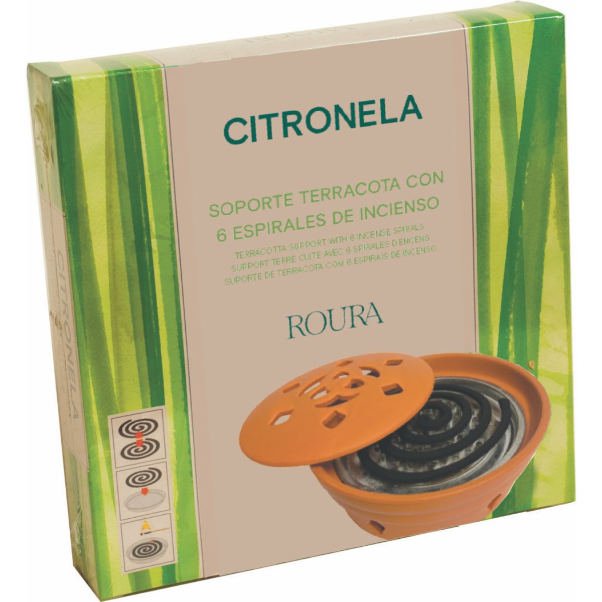 Spirale anti-moustiques à la citronnelle avec support en terre cuite 6 unités Roura