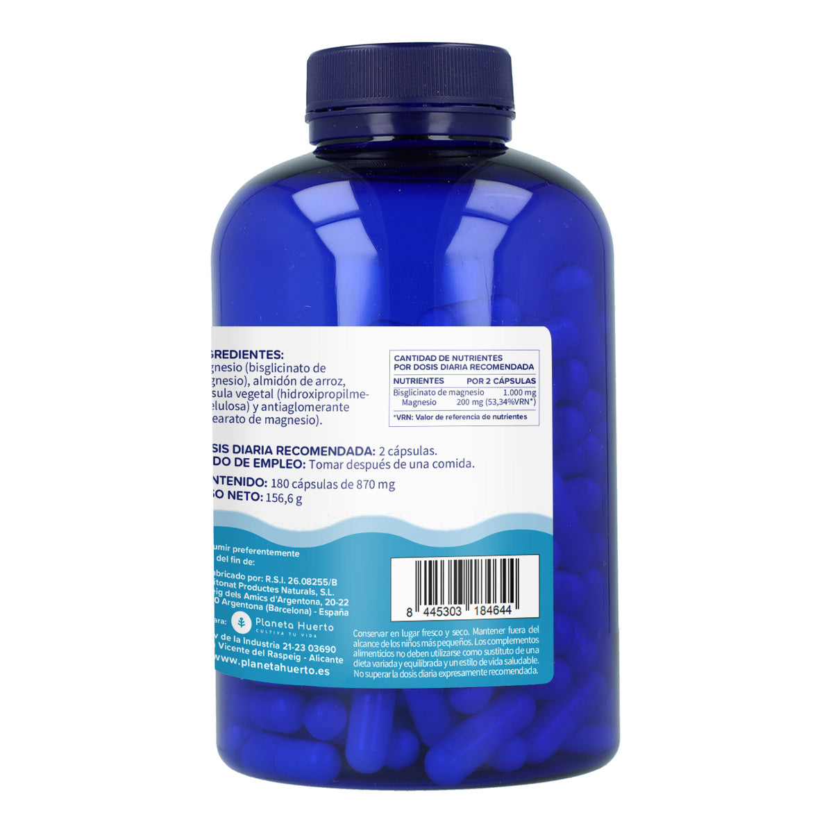 Förpackning 2xMagnesiumbisglycinat 500 mg Planeta Huerto 180 kapslar
