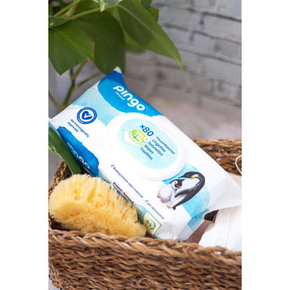 Confezione da 4 salviettine umidificate 100% biodegradabili Pingo 80 pezzi