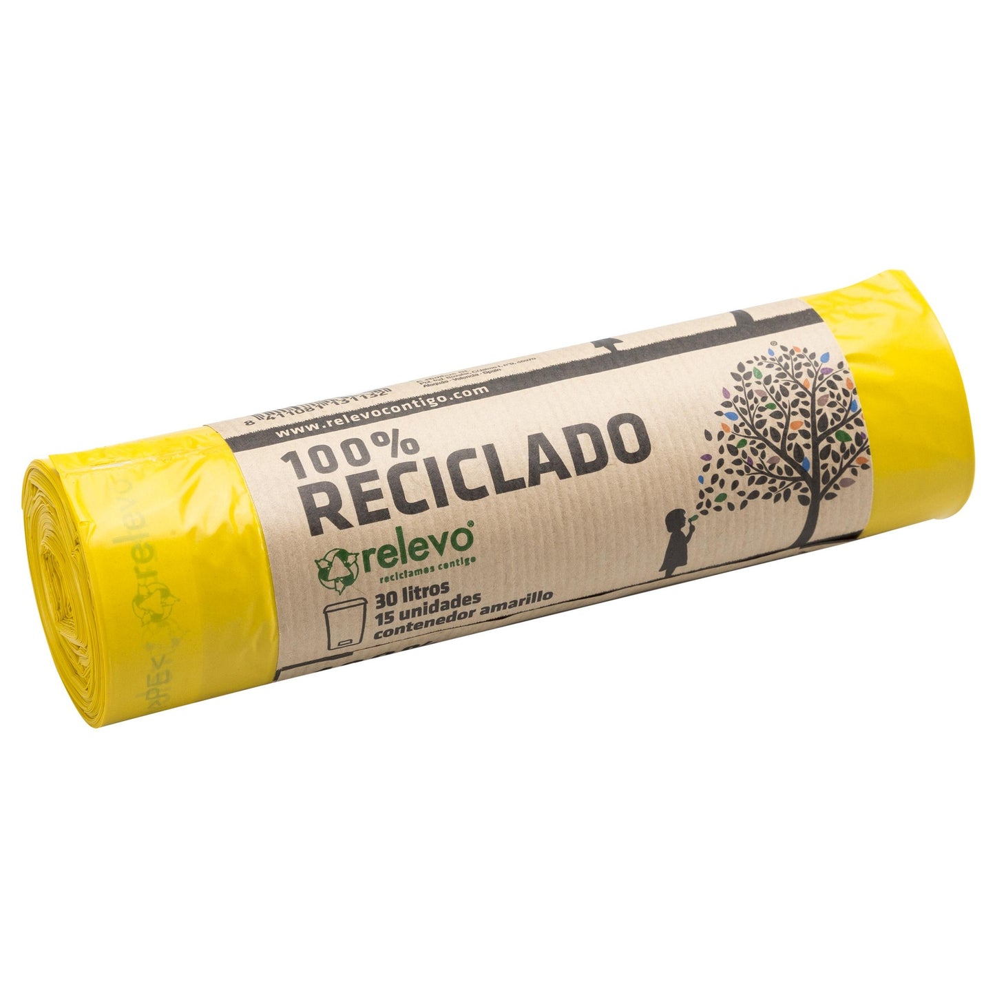 Gelbe Müllsäcke, 30 Liter, 100 % recycelt, Relevo, 15 Stück