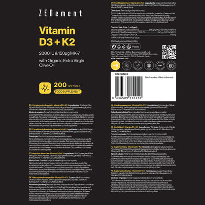 Vitamin D3 + K2, Cholecalciferol (2000 IU) & MK-7 (150 μg) Zenement, 200 tablets