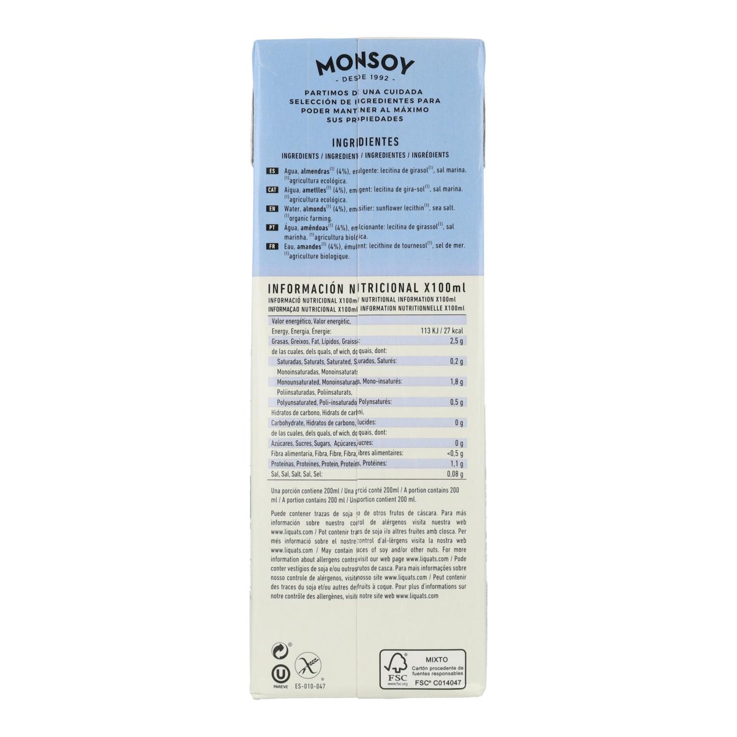Lot de 6 boissons végétales Monsoy sans sucre à base d'amandes, 1 L