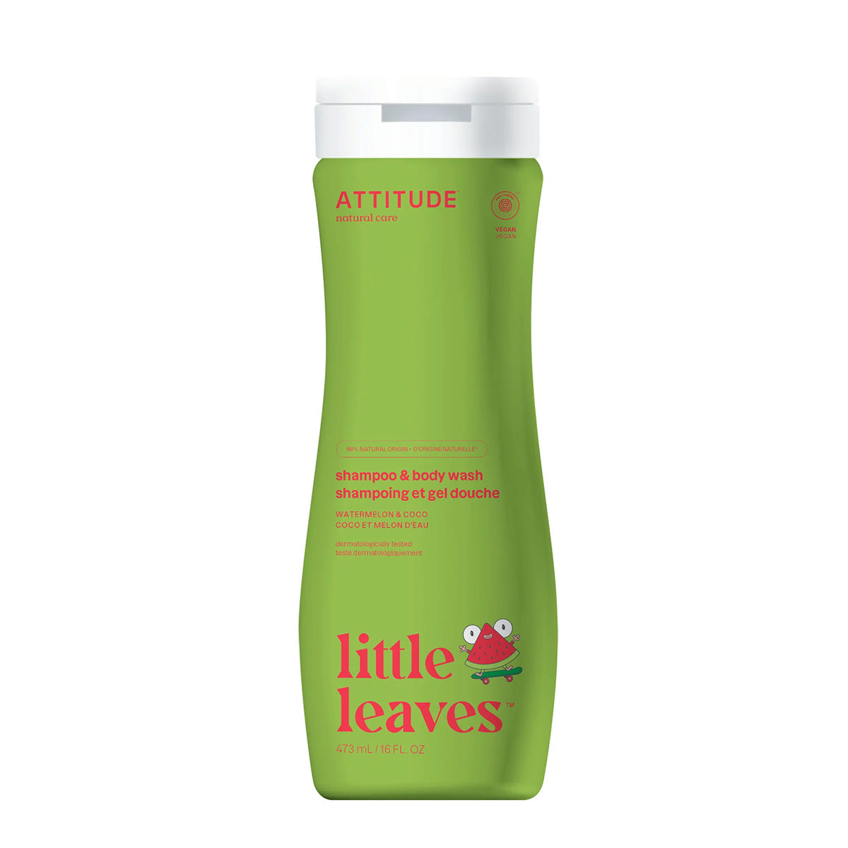 Super Leaves kids Shampooing et gel douche 2 en 1 pour enfants Pastèque et noix de coco Attitude 473 ml