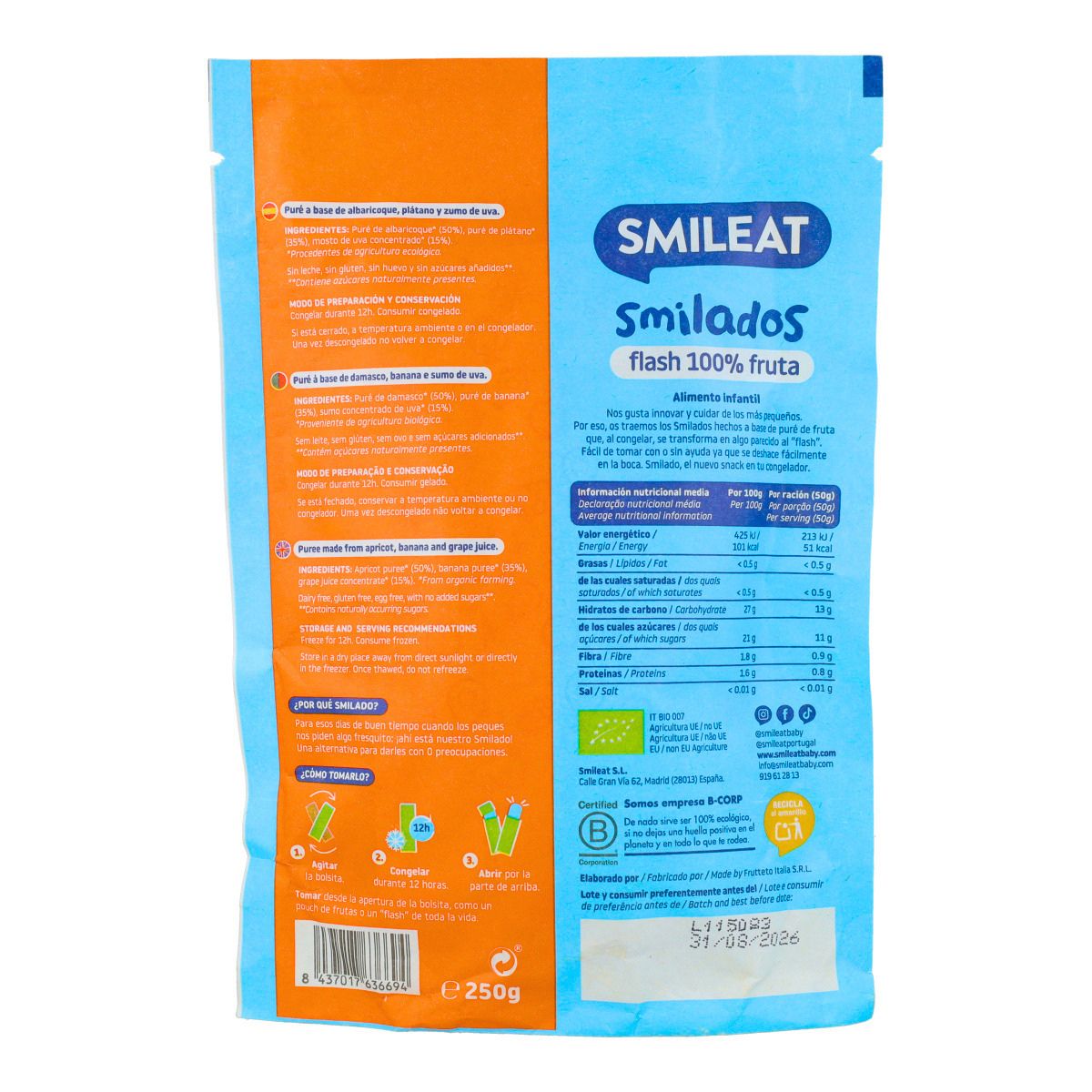 SMILADO Aprikose und Bio-Banane, Kinder-Eiscreme aus 100 % Frucht SMILEAT