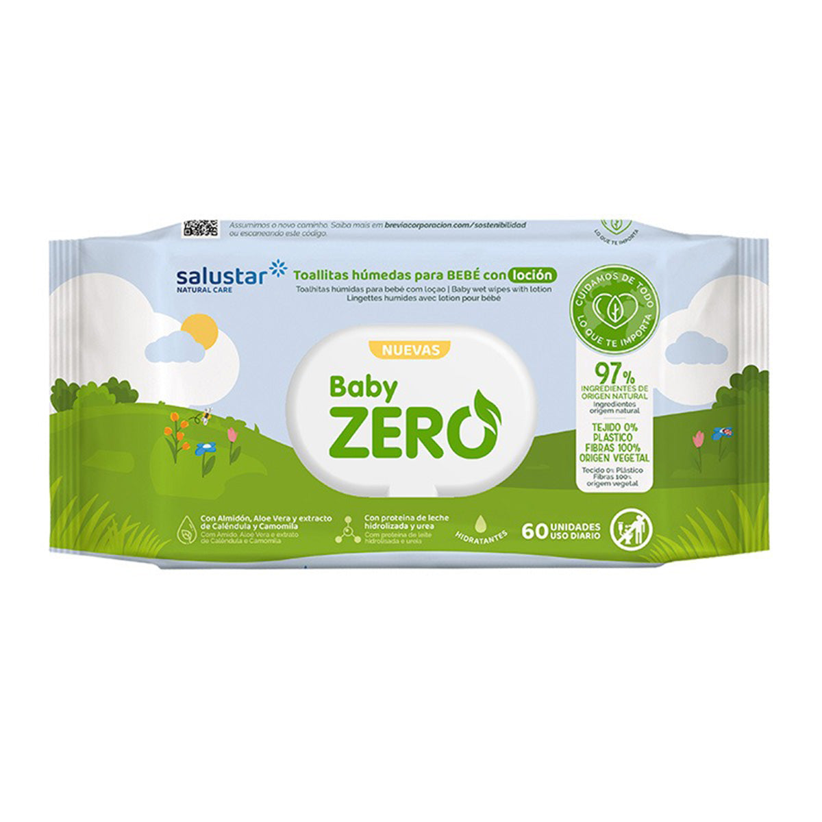Pack 12 x Lingettes biodégradables pour bébés Salustar 60 unités