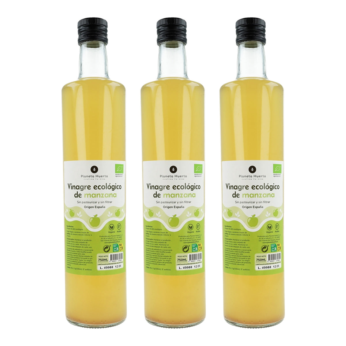 Pack 3x Ungefilterter ECO-Apfelessig Planeta Huerto 750 ml