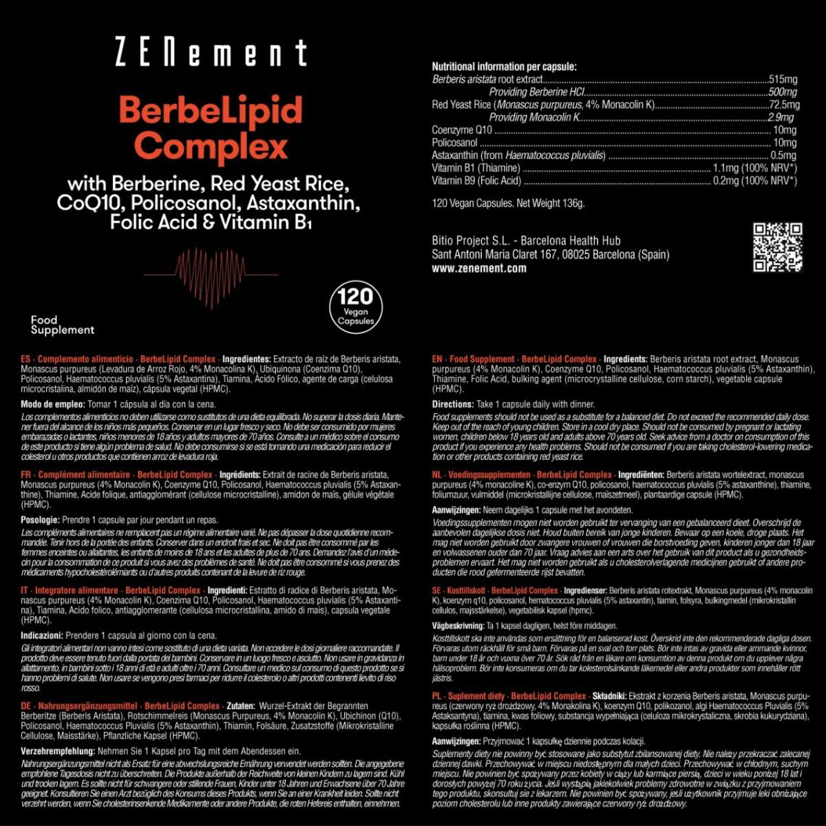 BeberLipid Complex mit Berberin, Roter Reishefe, Policosanol, Q10, Astaxanthin, Folsäure und Vitamin B1 Zenement, 120 Tabletten