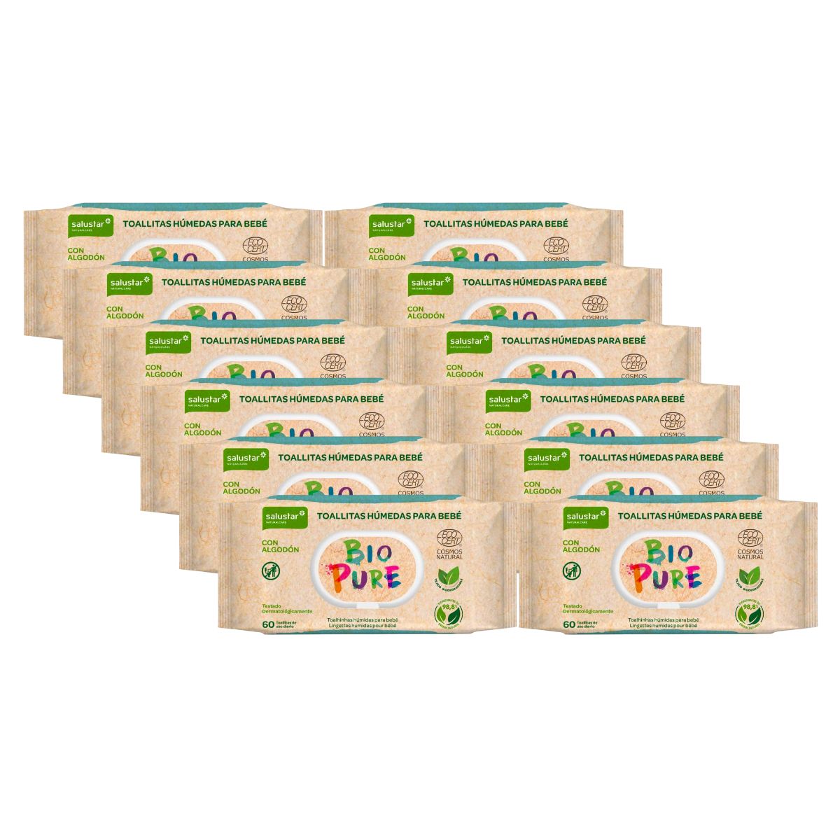 PACK 12x biodegradowalne chusteczki nawilżane dla niemowląt Biopure Salustar 60 szt.